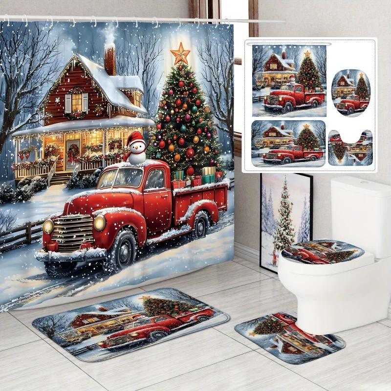 [Open] 1/4pcs Christmas Winter Set Snowman Truck Tree House Gift Cute Red Green White Shower Curtain Waterproof P