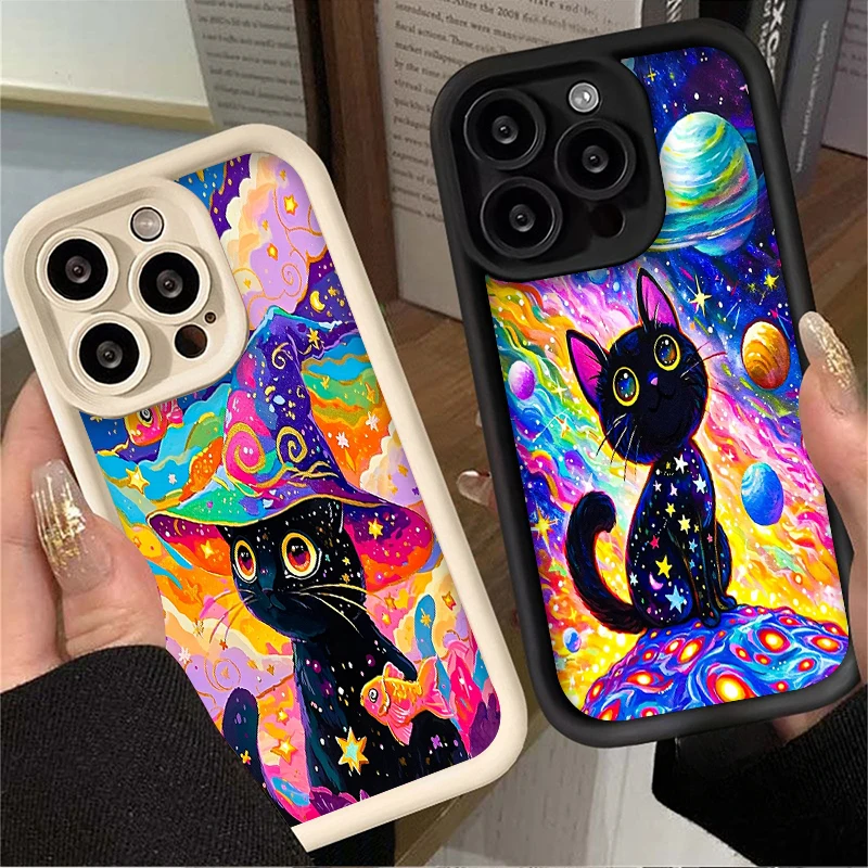 Cute Color Starry Sky Black Cat Phone Case for Samsung Galaxy S25 S24 S23 Ultra S22 S21 Plus FE 5G A54 A34 A14 A73 A53 A33 5G