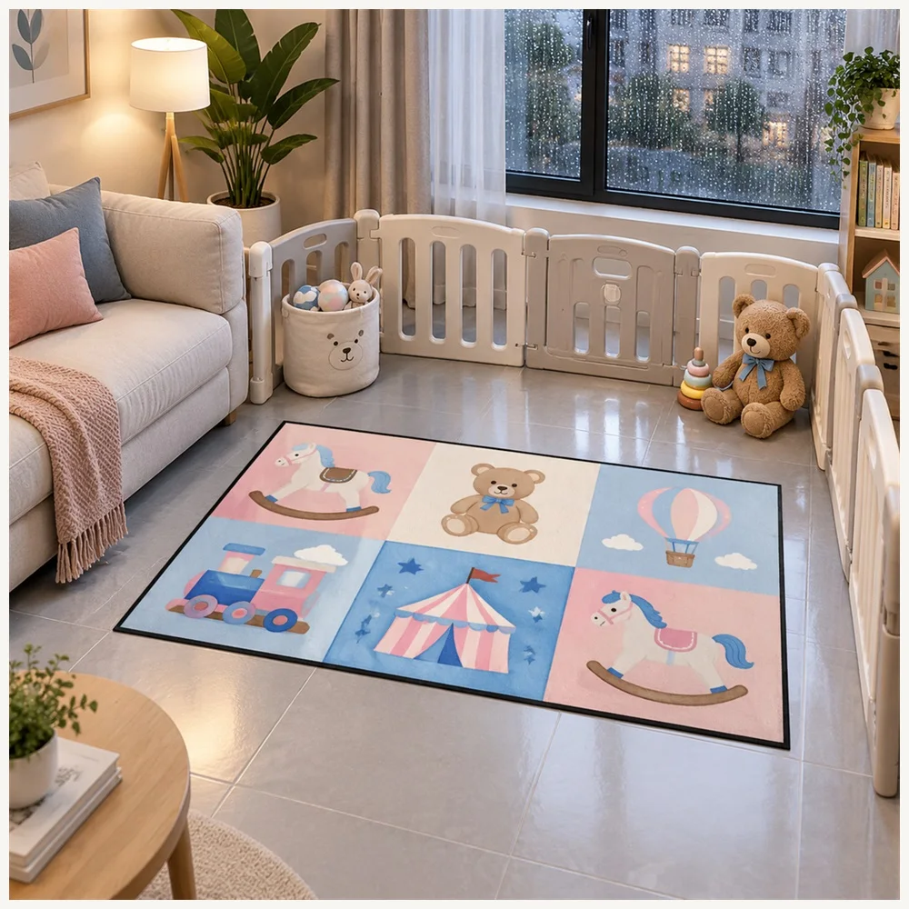 VIKAMA Kids Play Macaron Pink Blue Rocking Horse Flannel Door Mat, Thickened Memory Foam Mat, Home Decor for Landing, Pantry