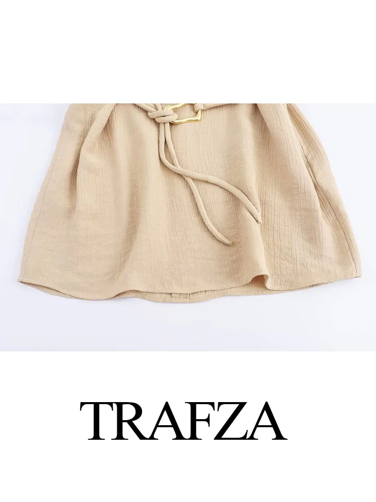 TRAFZA-Conjunto de faixas ocas femininas, mangas com o pescoço, botão de costas, tops decorados, calças largas, cintura elástica, terno feminino da moda