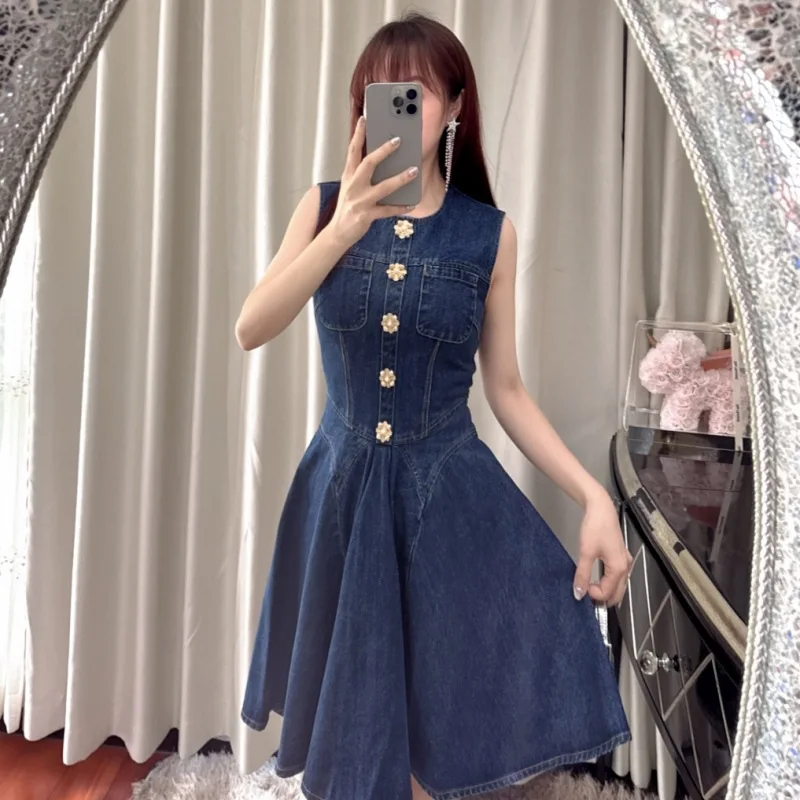 

High Quality Women Denim Dress 2024 SUmmer Cute Sleeveless Single Breasted Pockets Fit Flare Short Jeans Dress Ladies Clothing