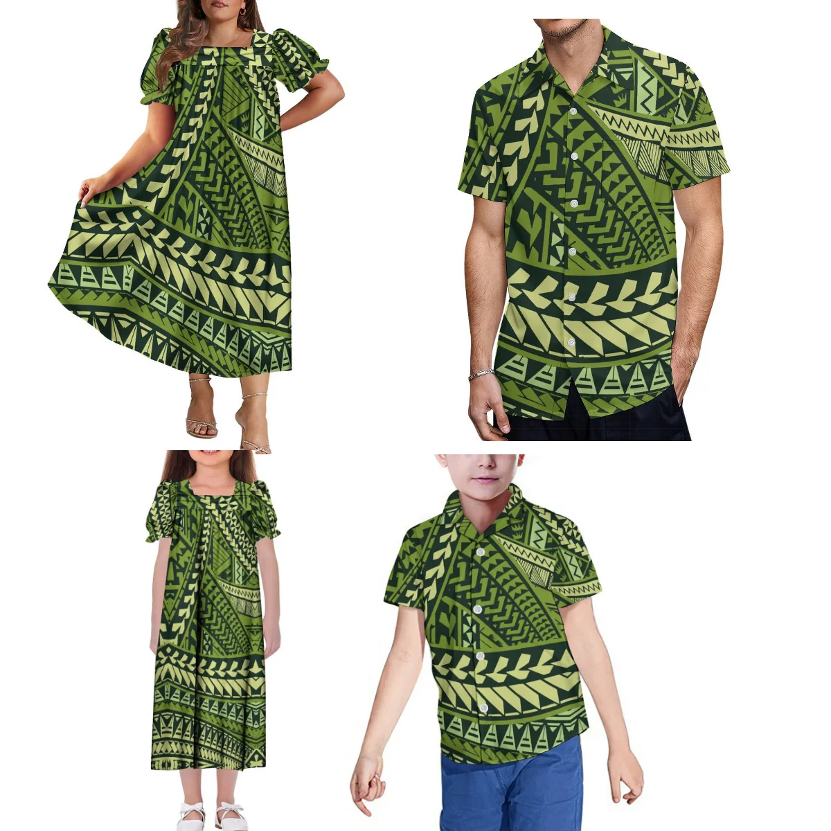 Hot 2024 Square Collar Puffy Sleeve Dress Mumu Women Mother-Daughter Dress And Father-Son Shirt Pacific Island Design Family Set