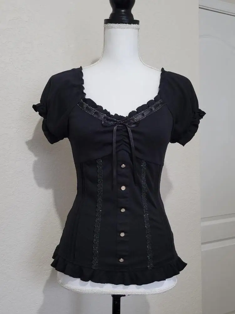 

Original Bla Lace Trim Puff Sve T-irt Women's Summer Vintage Cotton Casual Skinny V-ne Bubble Sves Top