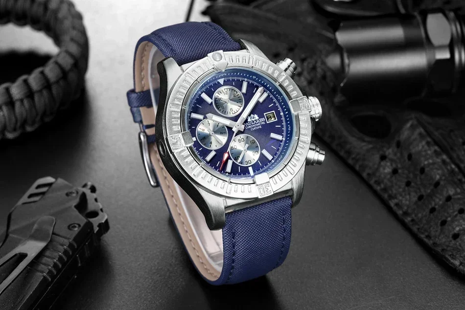 Automatic Watch for Men Mechanical Canvas Genuine Blue Leather Strap Multifunction Date Month Luminous Reloj Hombre Baratos