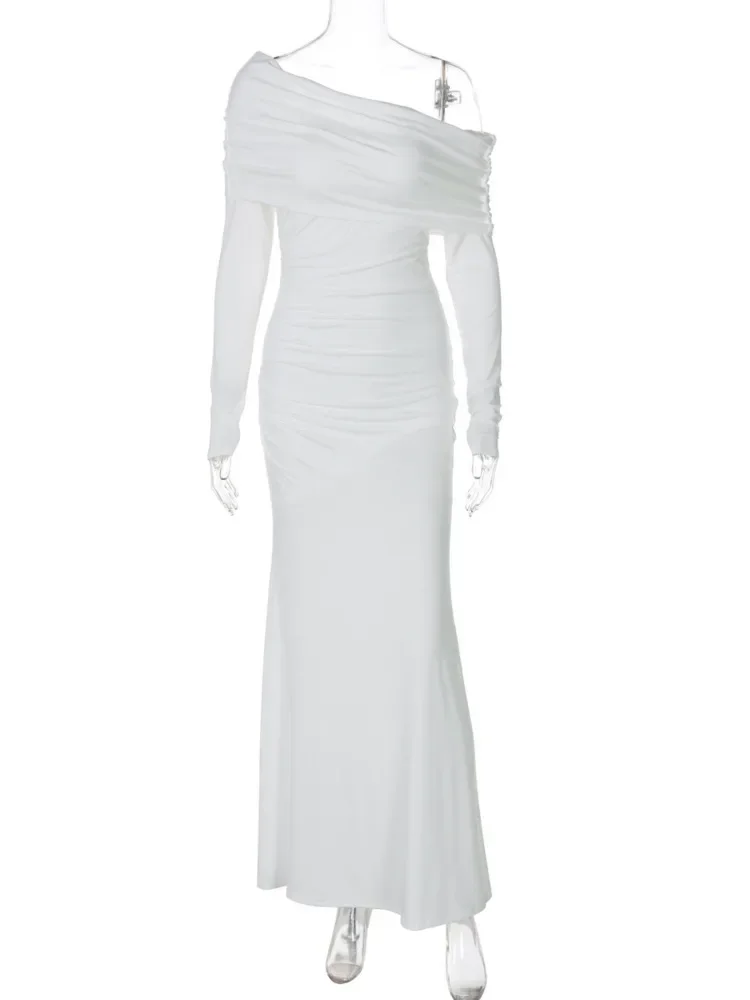 Chaxiaoa ombro inclinado manga longa sexy maxi vestido feminino outono moda sem alças cintura alta ruched bodycon clube vestido longo