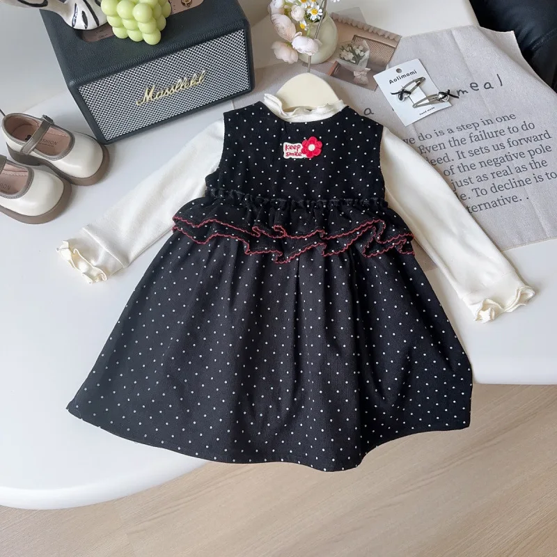 

Children's Set New Autumn Girls Cute Fashion Sleeveless Vest Dress with Base Shirt Elegant Two-Piece Set