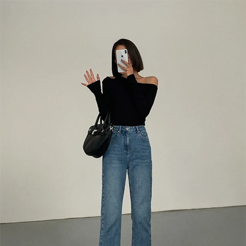 Fashion Skew Collar Off-shoulder Long-sleeved T-shirts Women Spring 2024 New Solid Slim Fit Crop Top Sexy Hollow Out Tees Shirts image 2