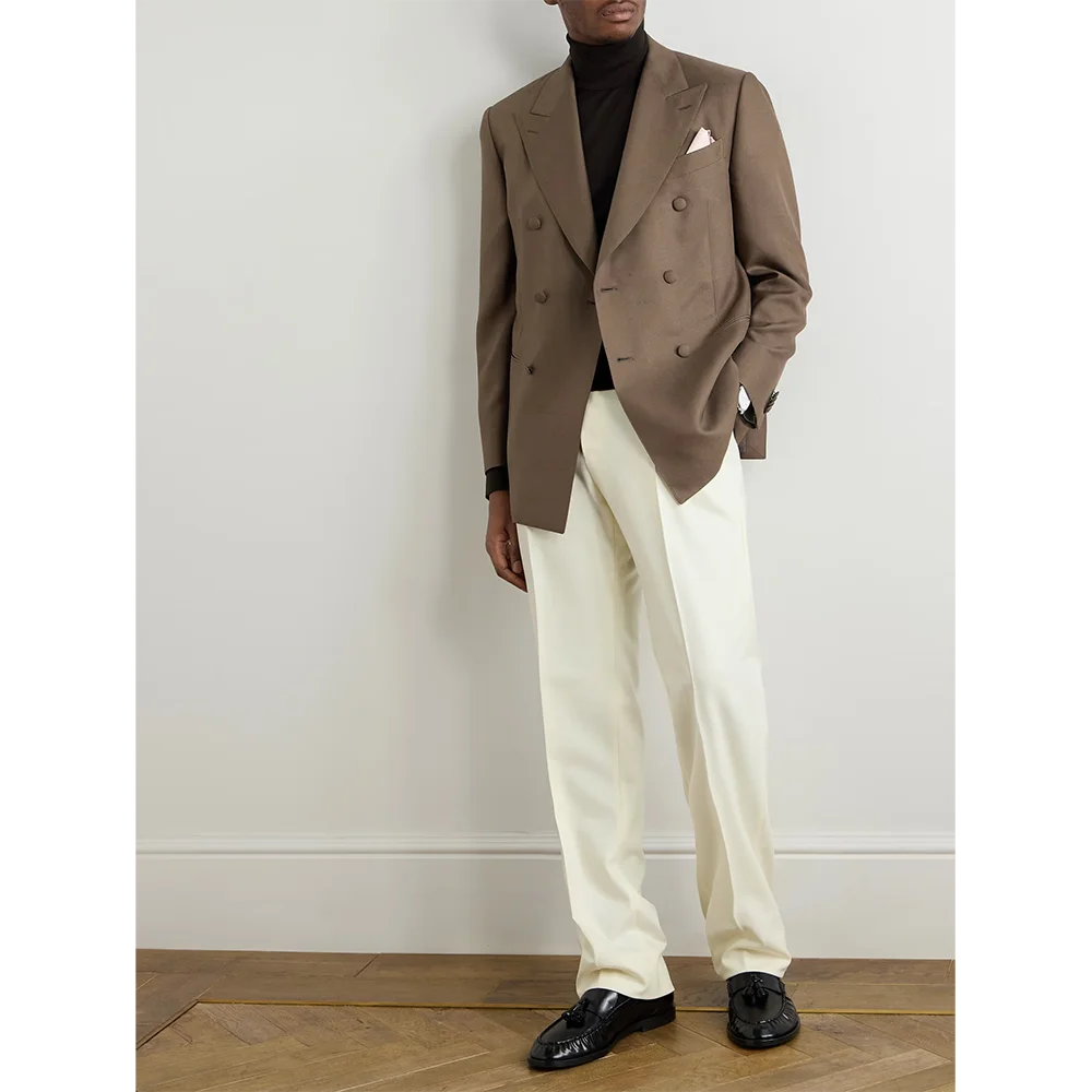 

Fashion Men's Suit Two Piecs Brown Blazer White Pants Double Breasted Peak Lapel Daily Wear Social Paty Suits