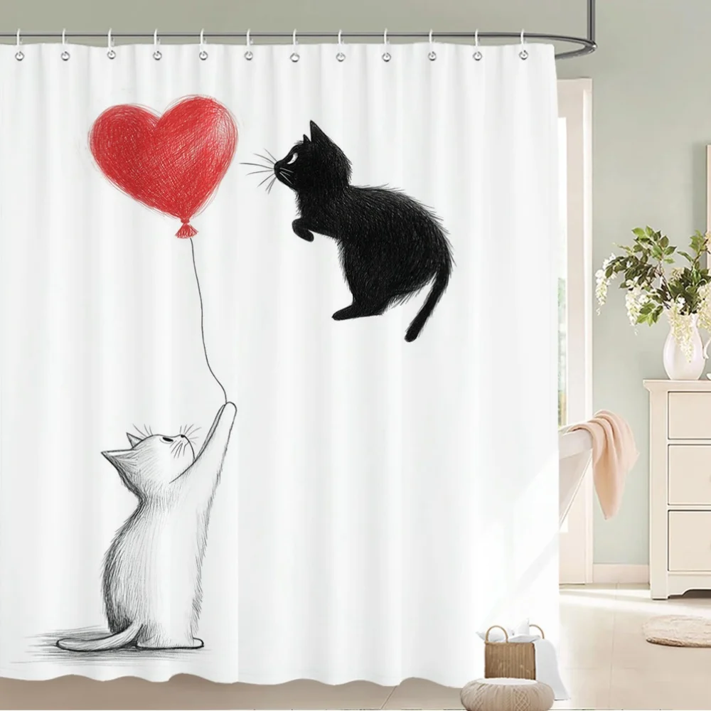 Cute Cat Shower Curtain Waterproof Fabric Bathroom Curtains Black White Kitten Heart Balloon Bath Screen Divider Home Decor With