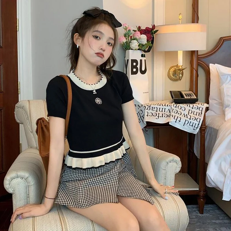 

Summer Women Sweet Agaric Edge Short Sleeve Knit T-shirt Korean Chic Slim Crop Top