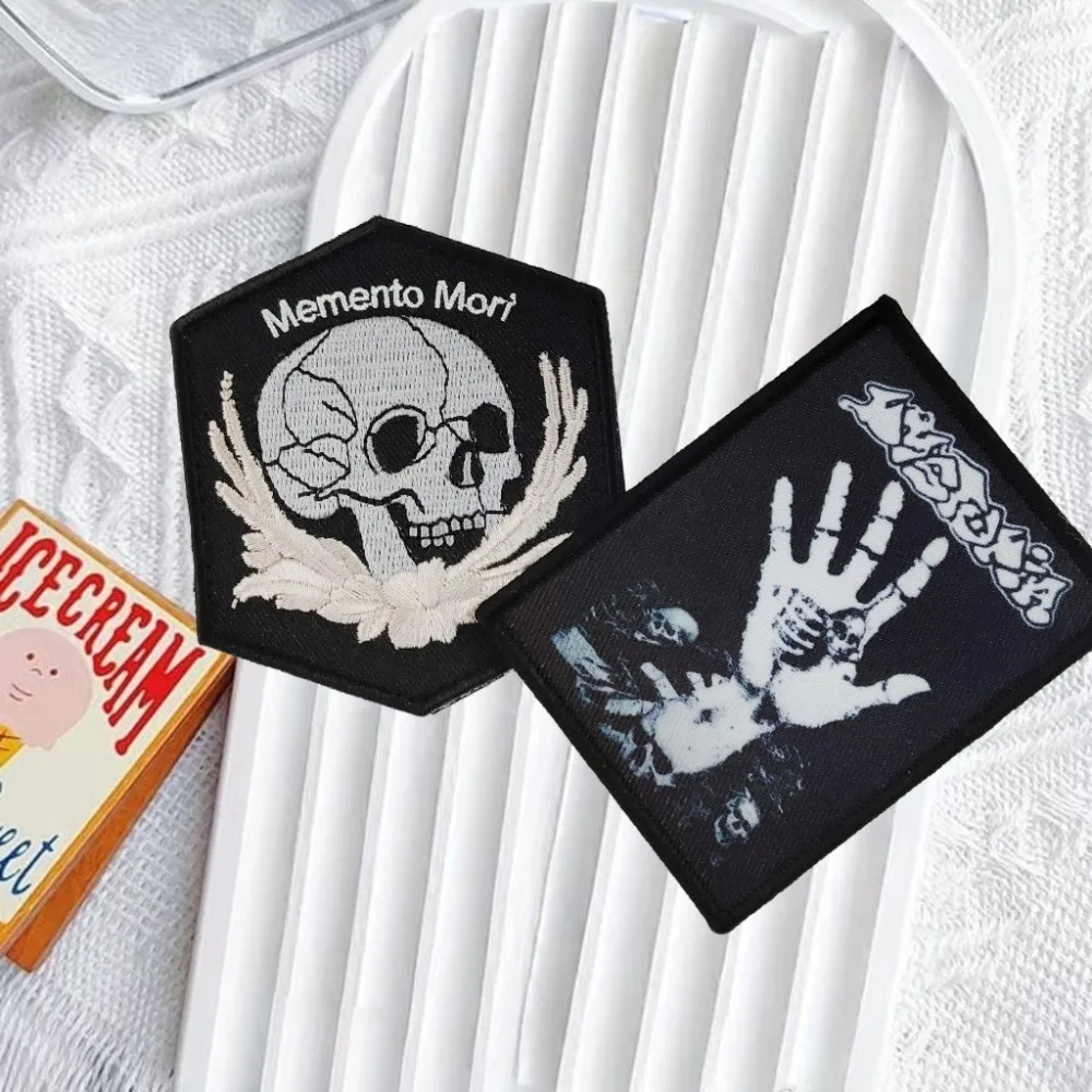 Dystopian Rock Skeleton Hand Print Patches Memento Mori Punk Tactical Morale Embroidery Sticker Backpack Vest Clothing DIY Patch