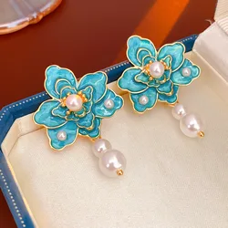 Vintage Palace Style Enamel Flower Stud Earrings for Women Elegant Creative Imitation Pearl Tassel Earring Party Wedding Jewelry