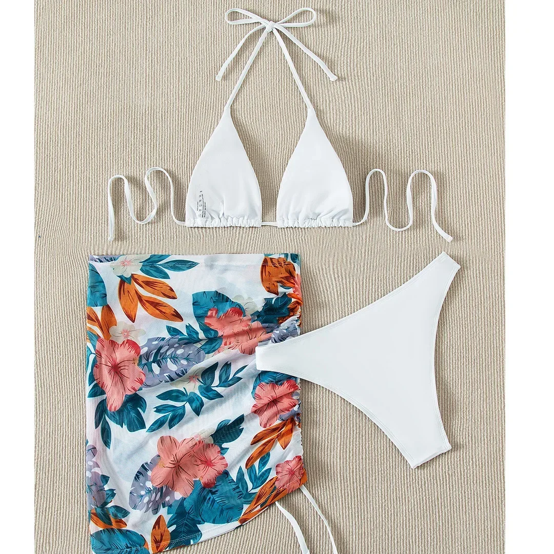 Sexy Driedelige Bikini Set Vrouwen Badmode Badpak Driehoek Halter Bloemenprint Rok Strand Bikini Set Badpak 2024 Nieuwe