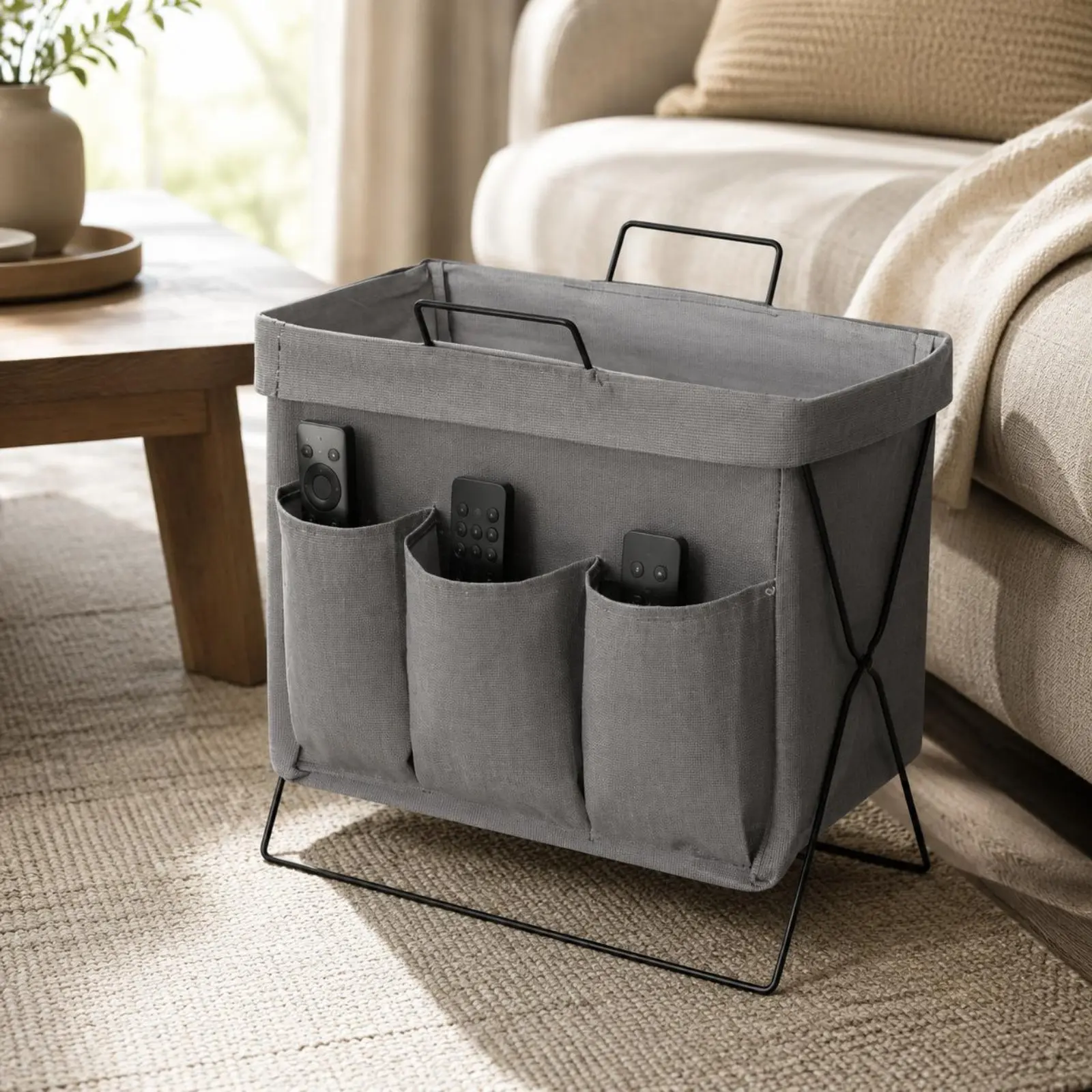 

Standing Storage Basket Metal Stand Textile Organizer Basket Multi-Purpose Easy to Clean for Office