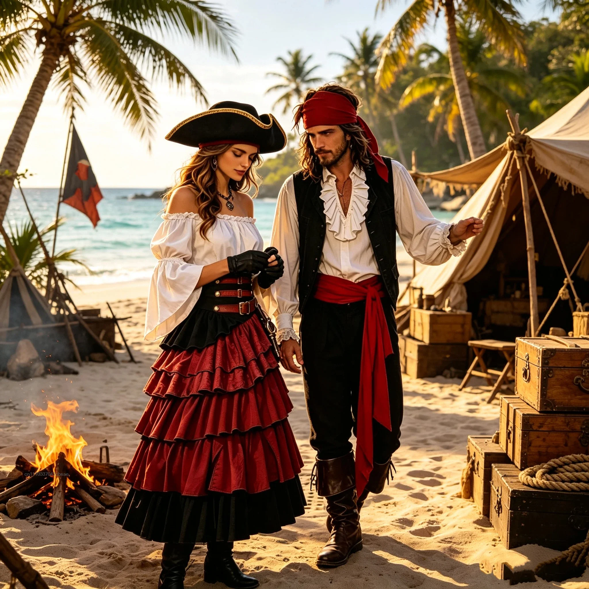 Retro Mittelalterliches Piratenpaar Cosplay-Kostüm Vintage Gothic Langarm-Outfit für Männer und Frauen Halloween Karneval Faschingskostüm-Set