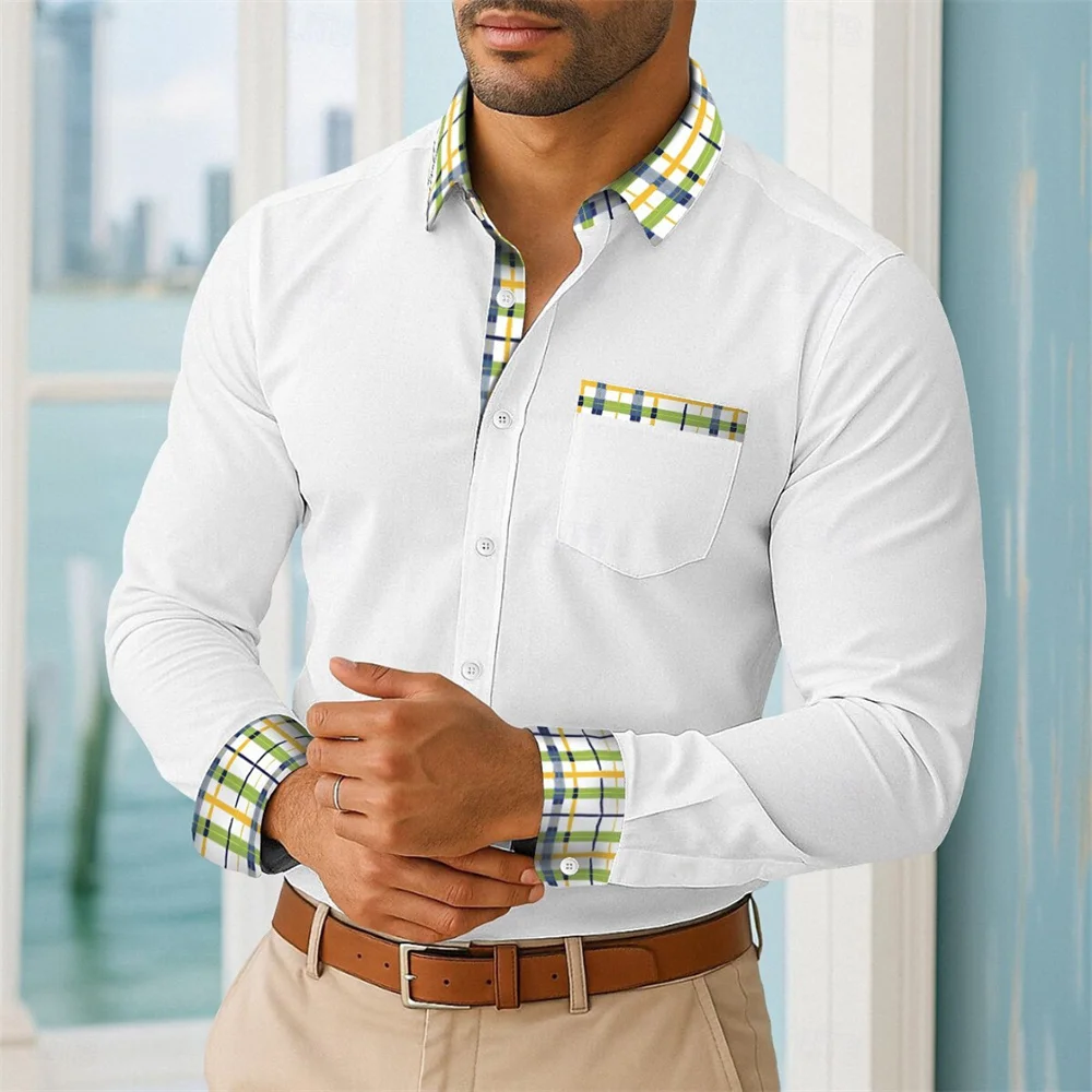 

New Men's Summer Shirt Casual Comfort Fabric Button Color Matching Vacation Business Long Sleeve Shirt Front Pocket Design
