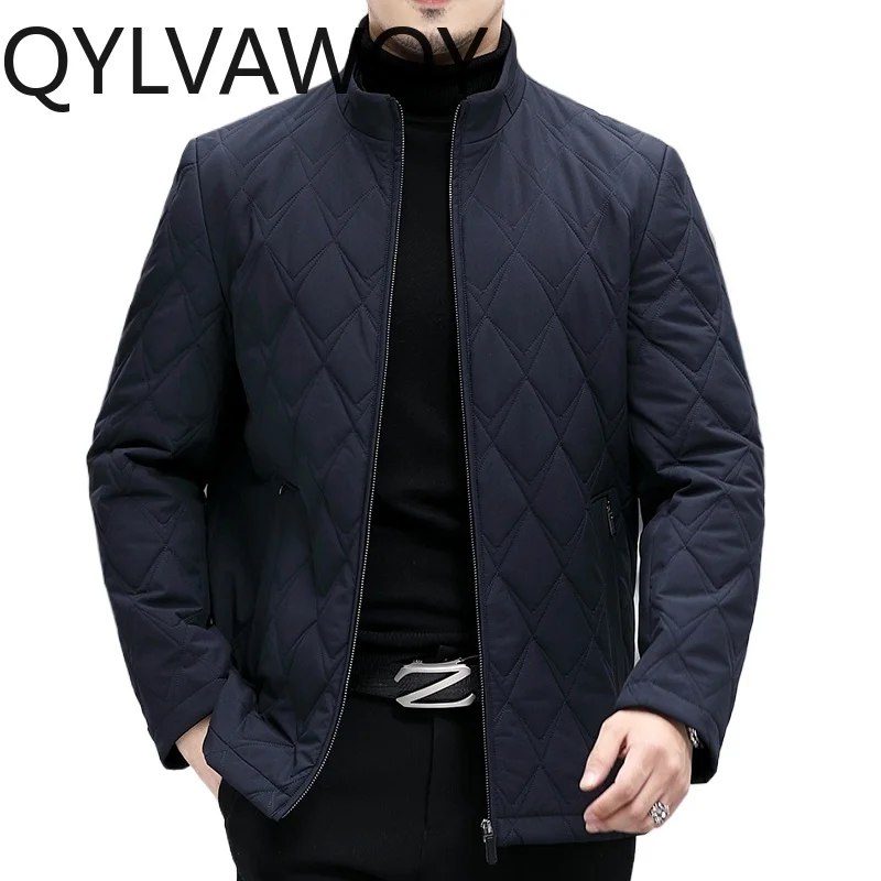 

QYLVAWOY 100% Polyester Men's Winter Business Cotton Jacket Middle-Aged Elderly Slim-Fit Winter Cotton Coat Outerwear LJ2149