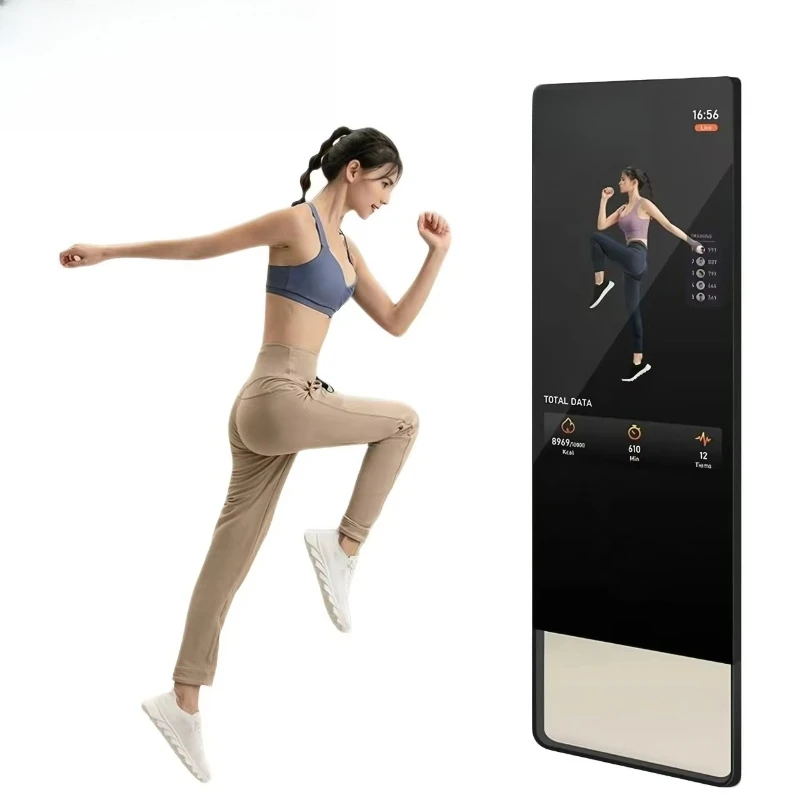 Interactive touchscreen 4K fitness mirror, voice-activated, floor/wall mountable 21.5/32/43 inches