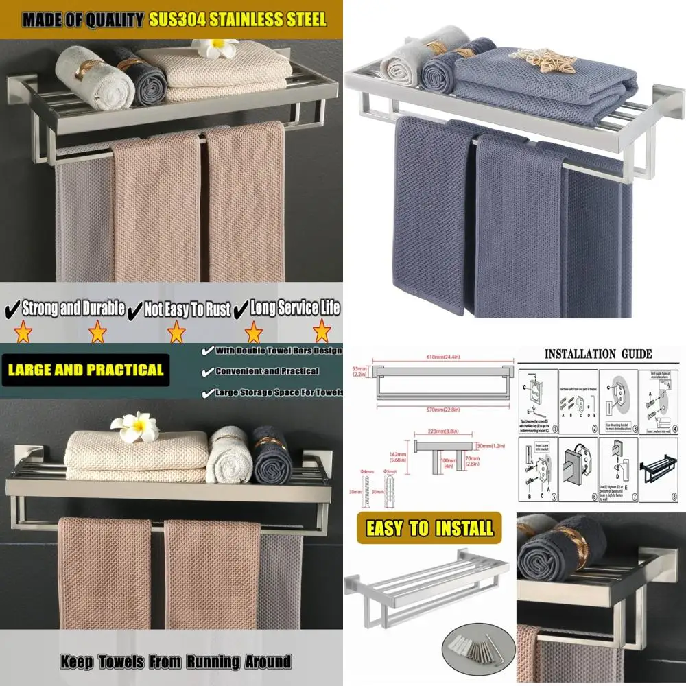 

24 Modern Double Bar Towel Rack, Wall Mounted Stainless Steel Bathroom Shelf, Brushed Nickel Finish