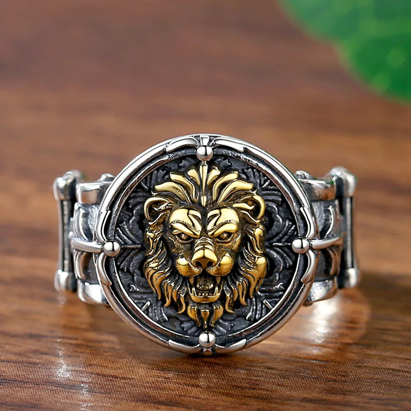 Hip hop style handsome domineering silver 925 lion mens rings retro Engraved trendy ring adjustable banquet jewelry gift