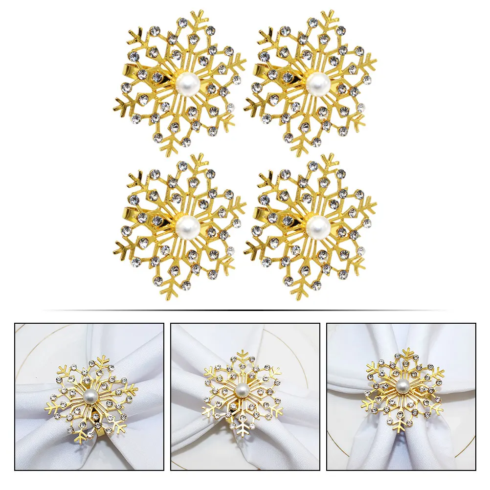 

4Pcs Christmas Snowflake Napkin Rings Pearl Alloy Elegant Table Decoration Dinner Party Napkin Buckles Tableware Accessories