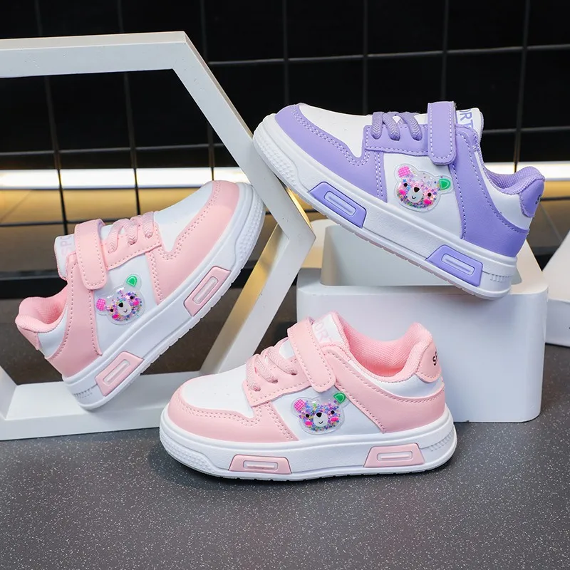 

Cartoon Children's Casual Shoes Princess Bear Breathable Girls' Pu Leather Sports Board Shoes Pink Purple Sneakers Size 20-37