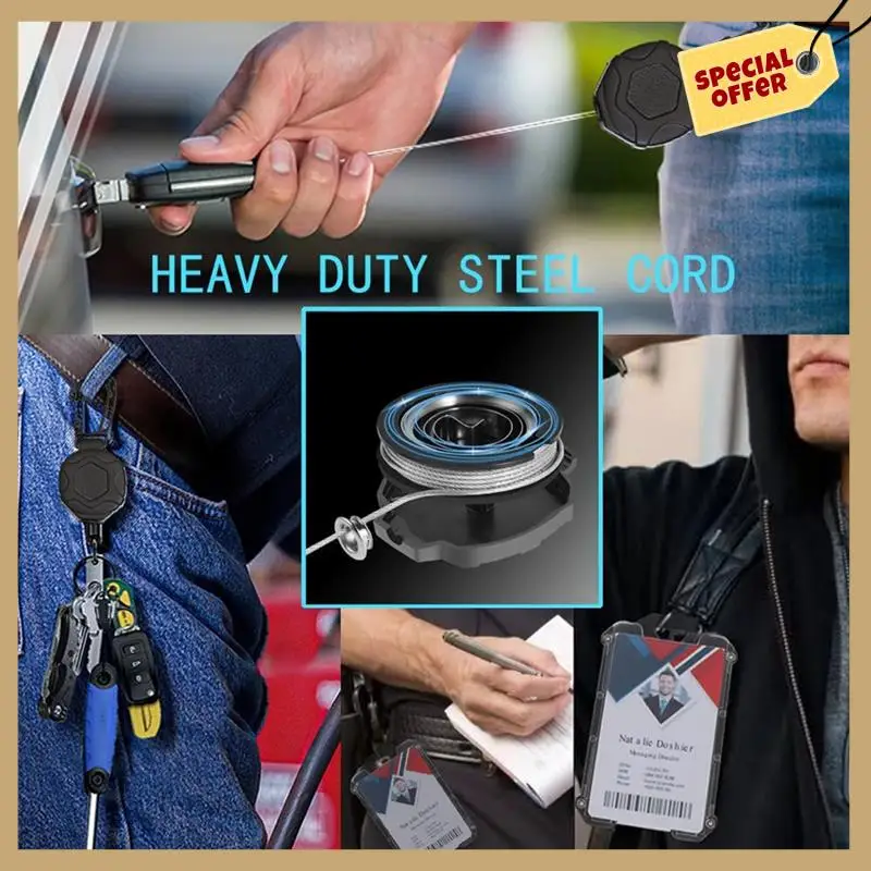 Suporte de crachá retrátil e mosquetão resistente, chaveiro, carretel de crachá de identificação tático com rolamento de cabo retrátil de 32 polegadas, fácil de usar