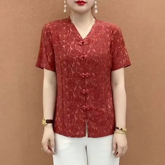 Summer New Fashion Icy Silk Jacquard T-Shirt Senior Mom's Outfit National Style Elegant Button-Up Top JJ159