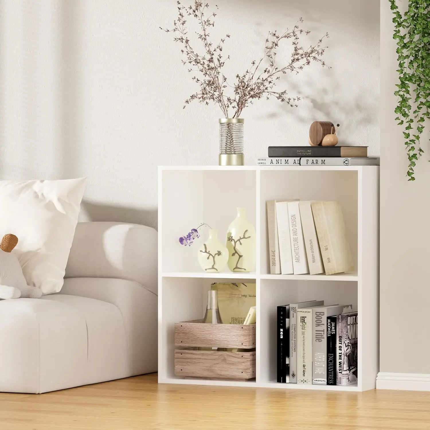 White 4 Cube Storage Organizer Shelf with Back Panel & Open Compartments, Bookcase for Living Room Bedroom Entryway, Customized