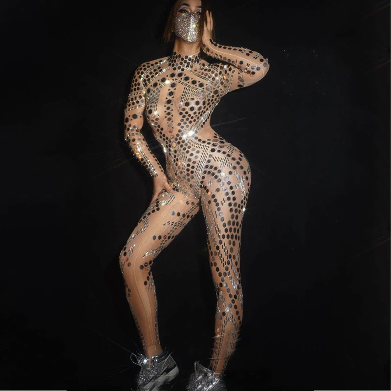 New Shiny Sequined Women Bodysuit Half High Collar Long Sleeve Mesh Jumpsuit Evening Prom Outfit Nightclub DS Gogo Cosumes