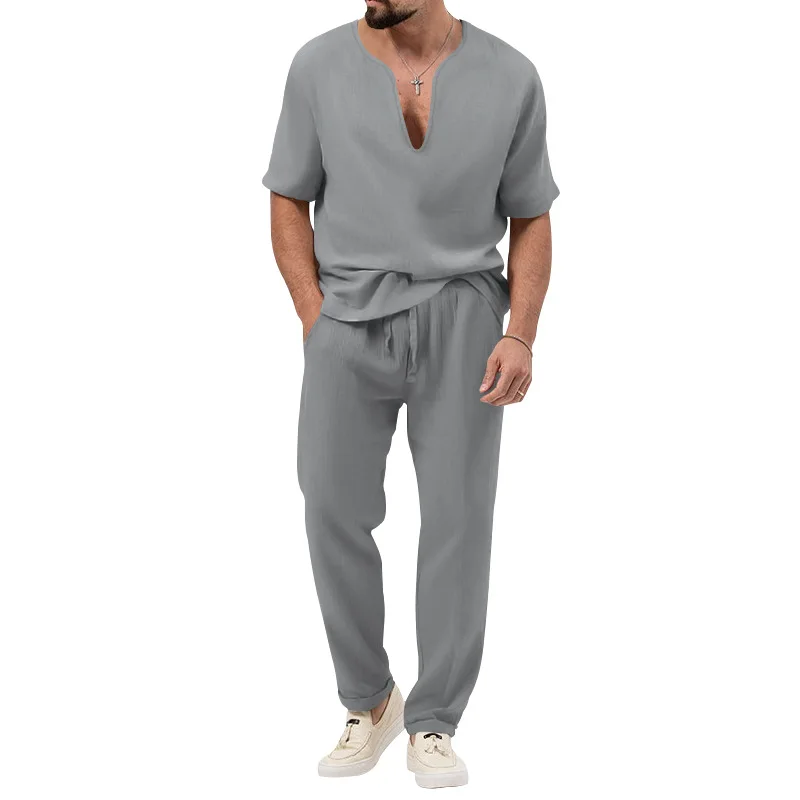 Ensemble 2 pièces en coton et chanvre pour hommes, chemise à manches courtes, pantalon long, décontracté, solide, document, mode, été, nouveau, 2024