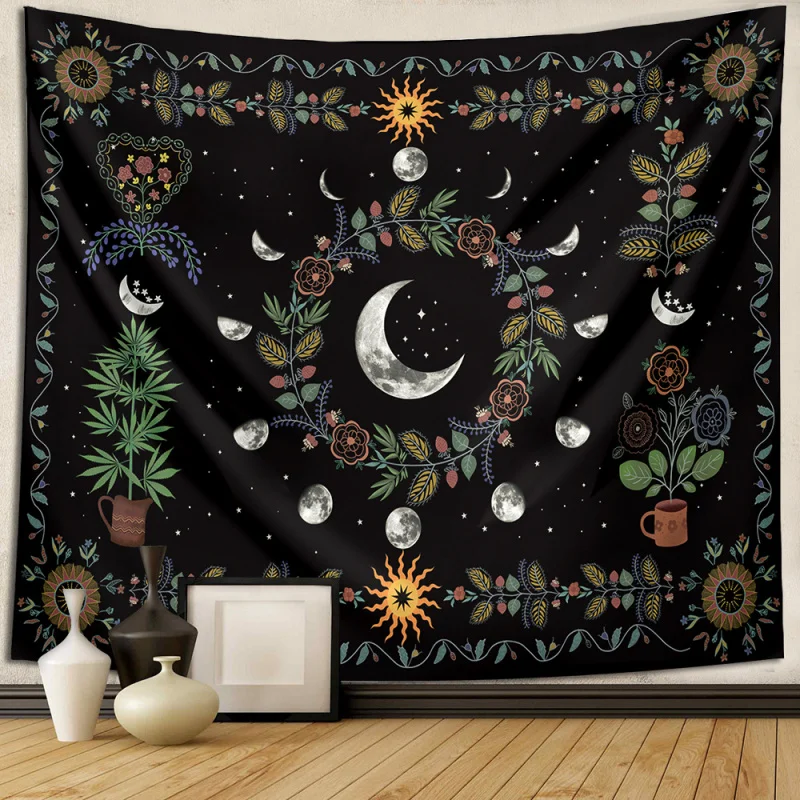 VIKAMA Wandteppich mit Mondphasen-Motiv, Retro-Wandteppich mit botanischen und floralen Motiven, geeignet für Wohnzimmer und Schlafzimmer, Wanddekoration