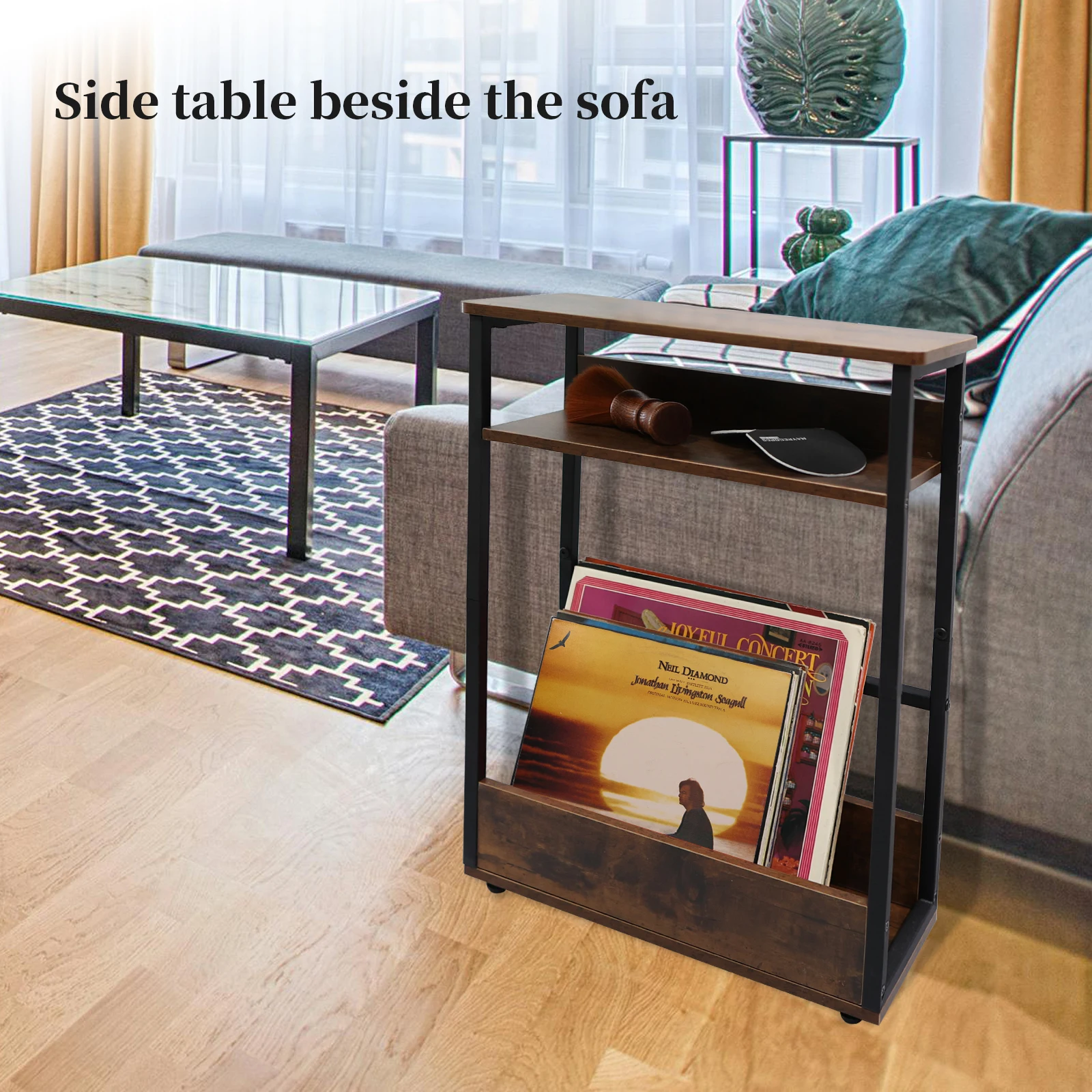 Vinyl Record Storage Holder Rack Large Capacity Wooden Iron Display Table for Books Magazines Multi-function Three Layer Shelf