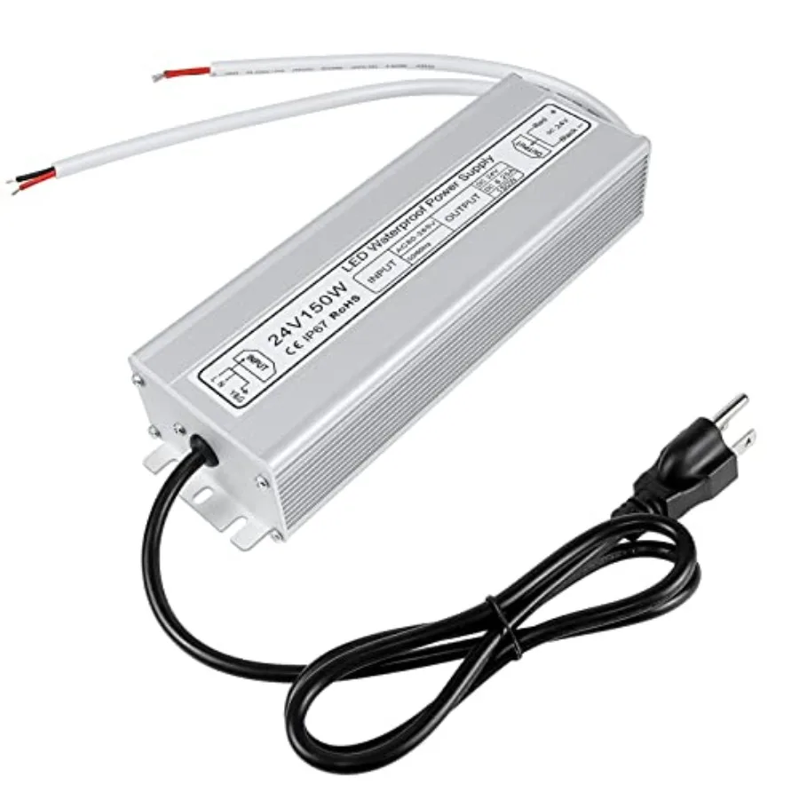 LED Power Supply, IP67 Waterproof Outdoor Driver, AC 80-265V to DC 24V 6.25A Low Voltage Transformer, Adapter with 3-Prong Plug