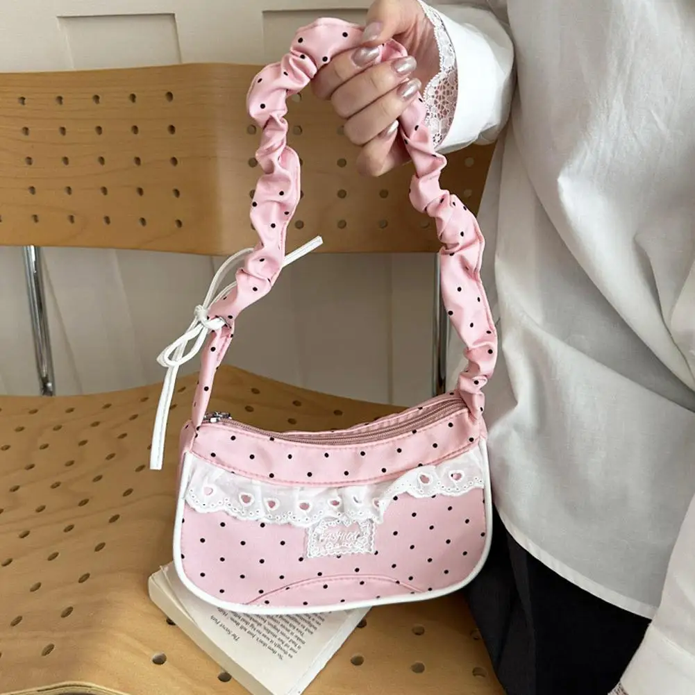 Niedliche Spitzen-Schultertasche mit Tupfenmuster, Süße Unterarmtasche mit Schleife, Y2k Mode, Lässige Umhängetasche, Crossbody-Tasche – Detail 11