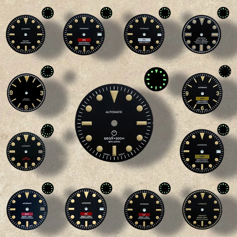 

28.5mm Retro SUB Dial S Logo NH35 Dial Fit 3/3.8/4.2 O'clock Crown Green Luminous Watches Accessories For NH35/NH36 Movement