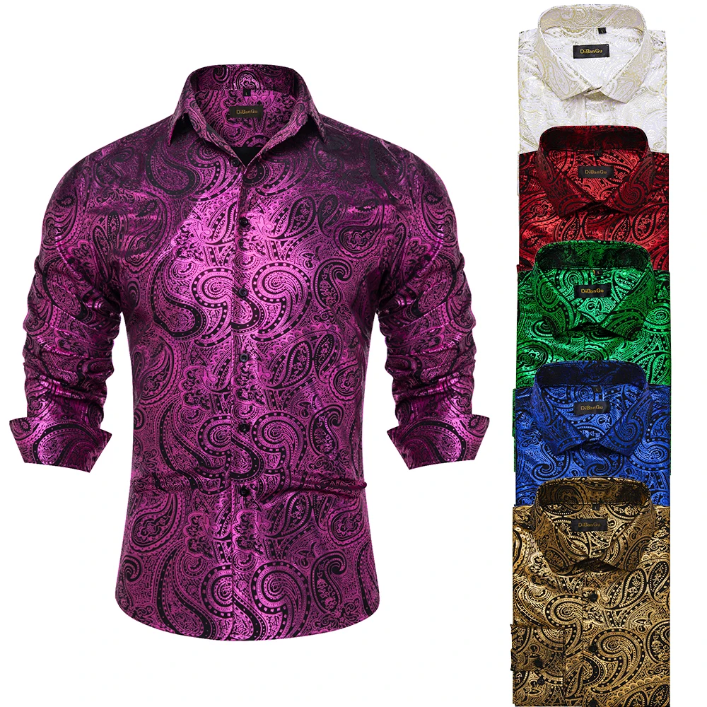 Luxury Purple Gilding Paisley Shirts for Men Long Sleeve Social Prom Party Men Clothing Button Down Collar Formal Dress Shirt