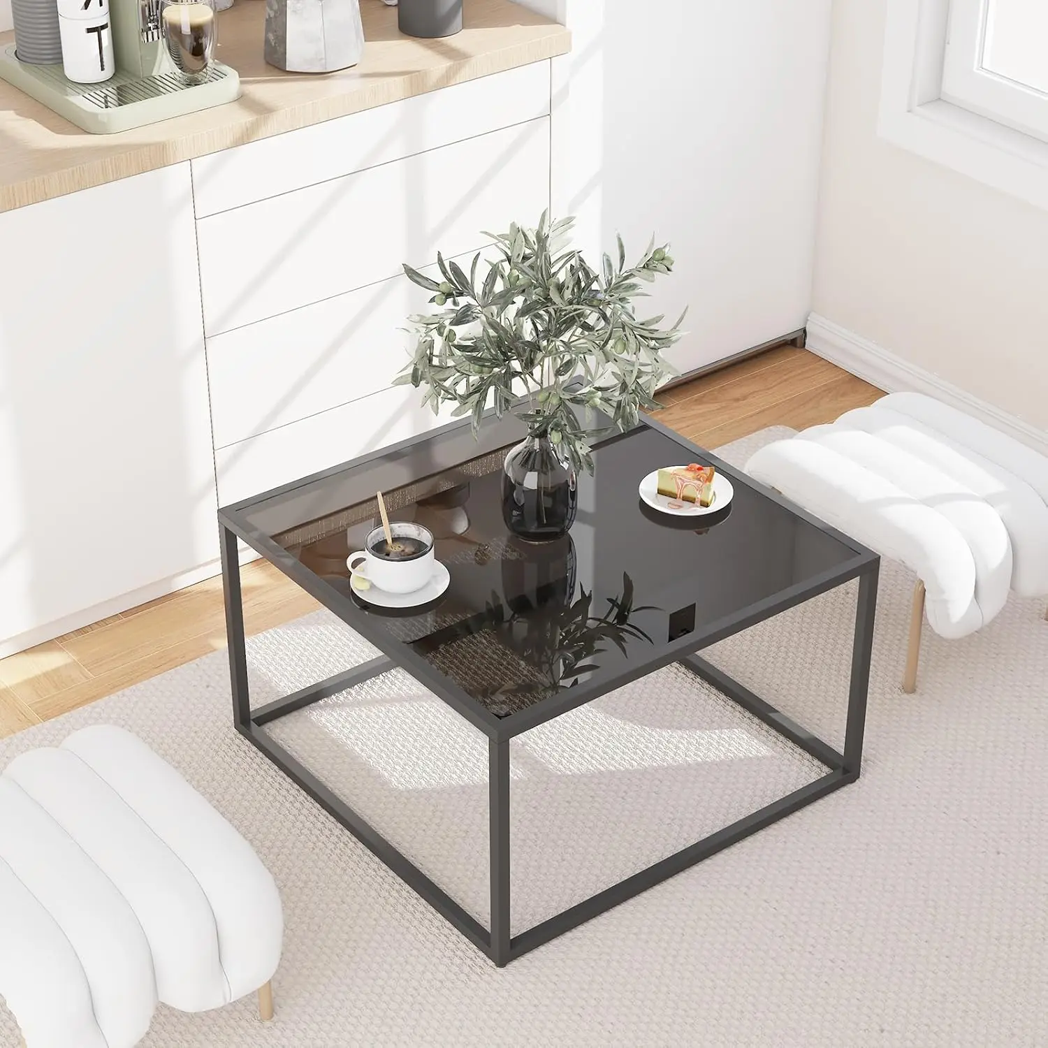 Coffee Table, Tempered Glass Square Coffee Tables with Metal Frame
