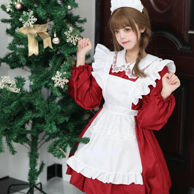 Anime Maid Costume Japanese Kawaii School Gift Party Dress Long Sleeve white red Princess Animation Show Maid Roleplay Outfit