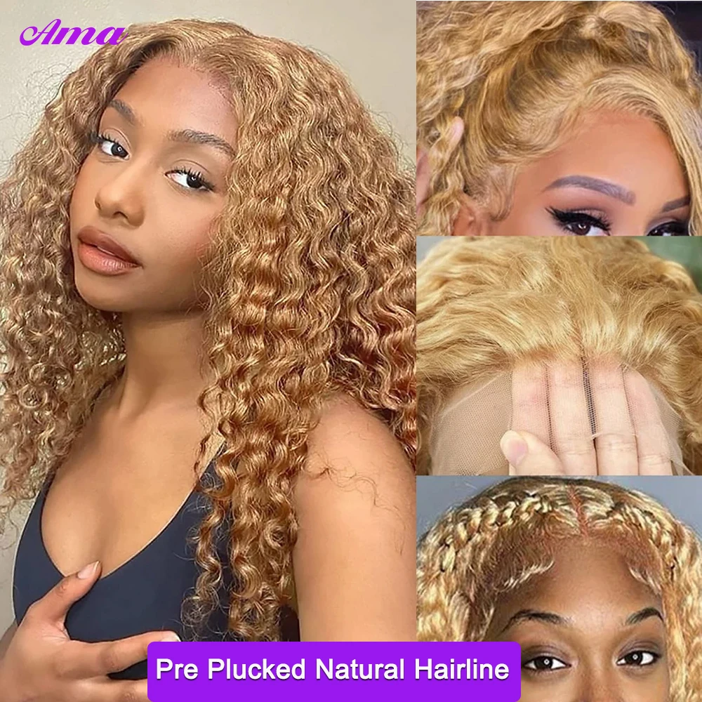 #27 Honey Blonde Deep Wave Frontal Wig 13x4 Colored Lace Front Human Hair Wigs Pre Plucked 4x4  Lace Closure Wig 220 Density