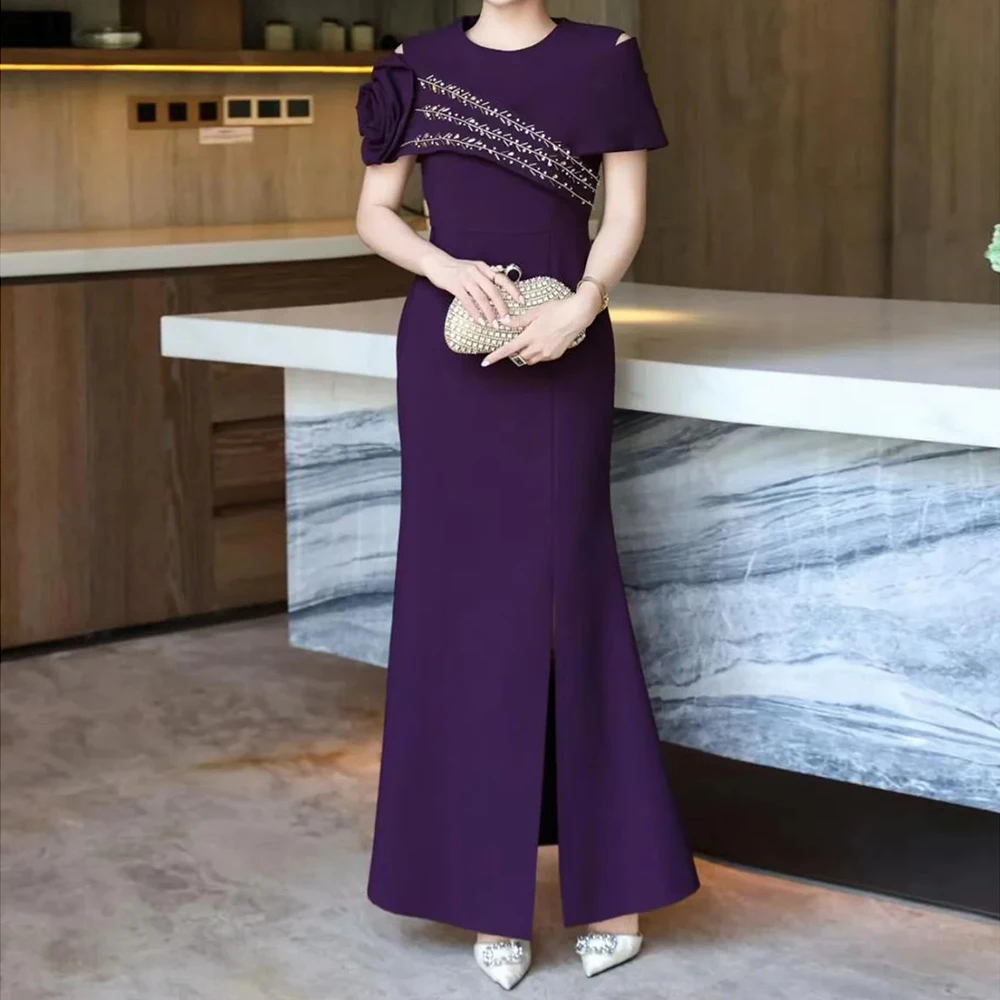 

Women's A-line Evening Dresses Ankle-length O-neck Sleeveless Prom Gown Fashion Flowers Crystal Simple Draped Customized Gowns