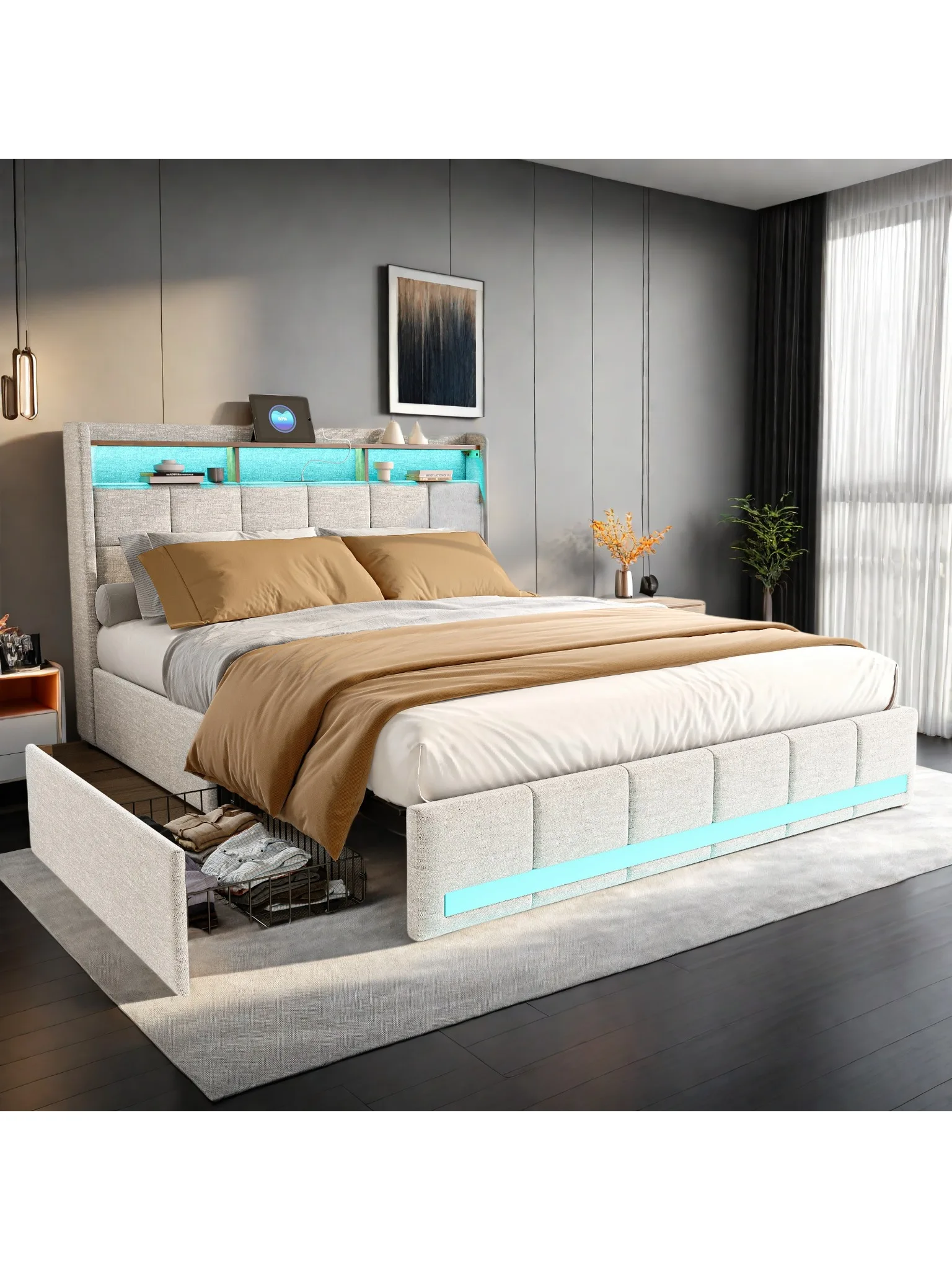 Rosahqnda Polster-Doppelbett 160 x 200 cm, Bett 180 x 200 cm mit Stauraum, Stauraumbett mit 4 Schubladen und LED-Beleuchtung