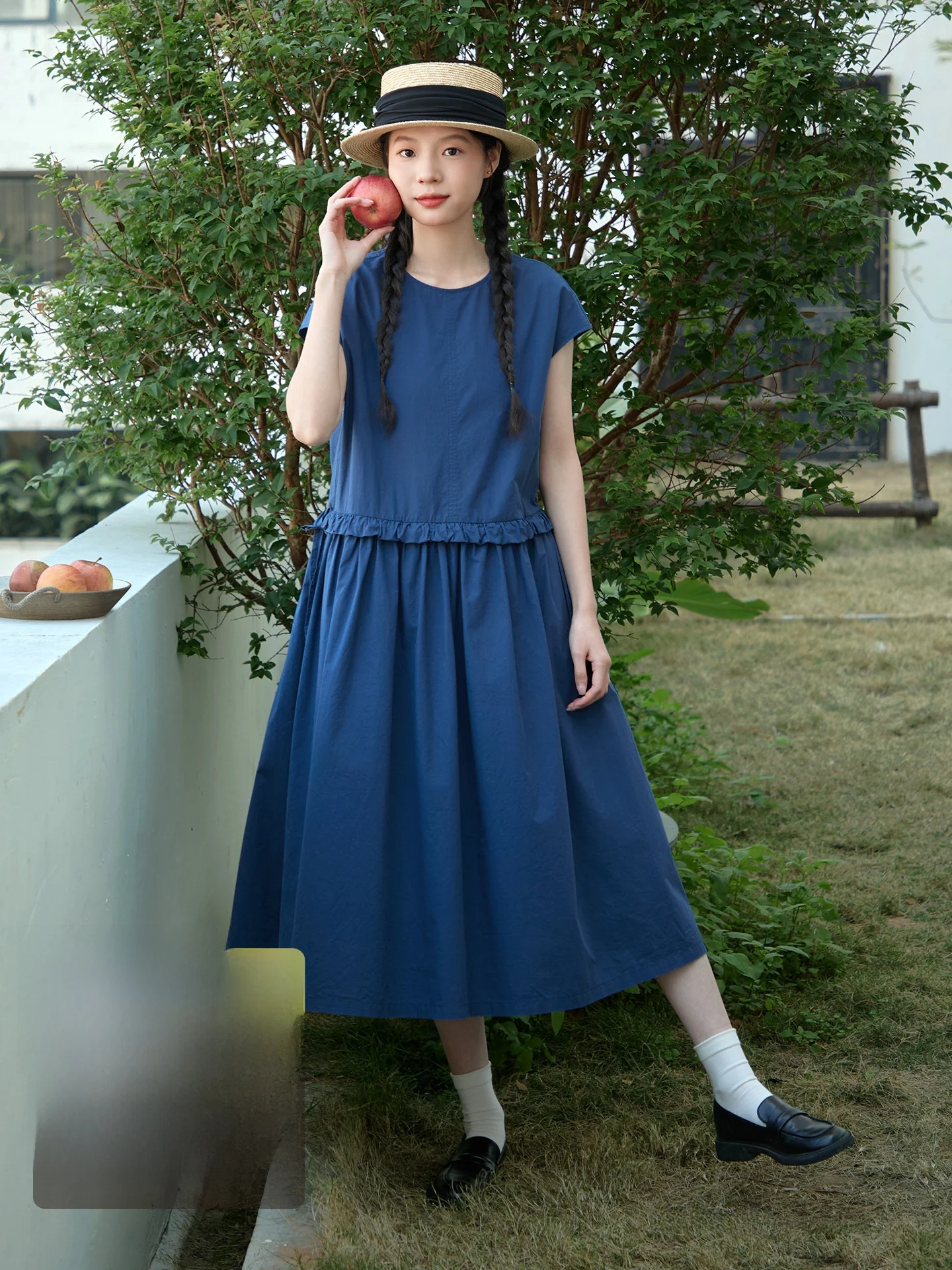 

Original Japanese Style Pure Cotton Blue Summer Dress Women's Shoulder Covering Sleeve round Neck Midi Skirt Small Size