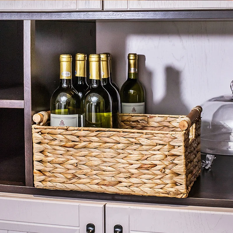New Wicker Basket Rectangular With Wooden Handles For Shelves,Water Hyacinth Basket Storage,Natural Baskets