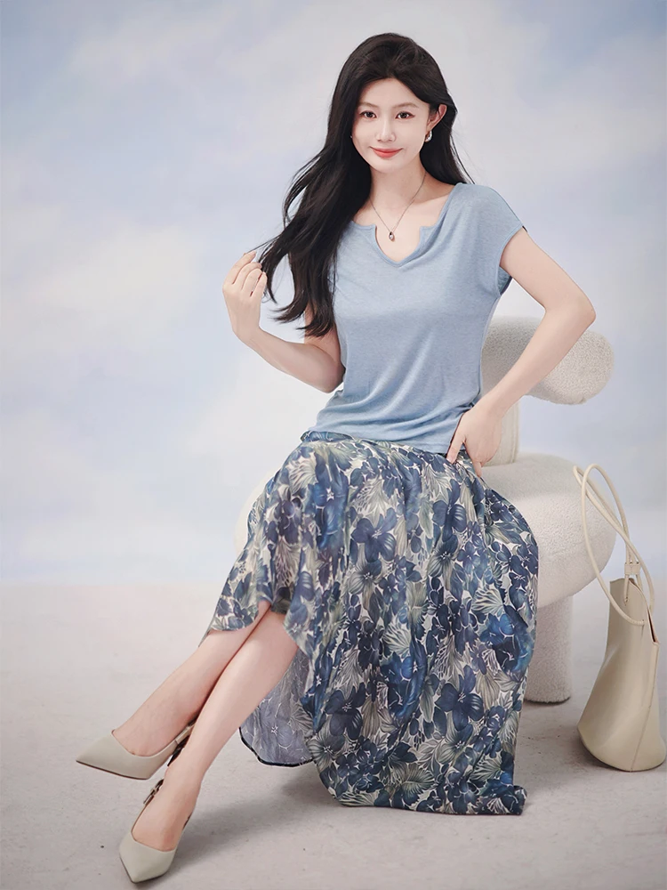 Losse A-lijn rok met print Hoge taille Linnenmix Casual Commute Sle Damesmode Zomer 2025 OAL Blue Series