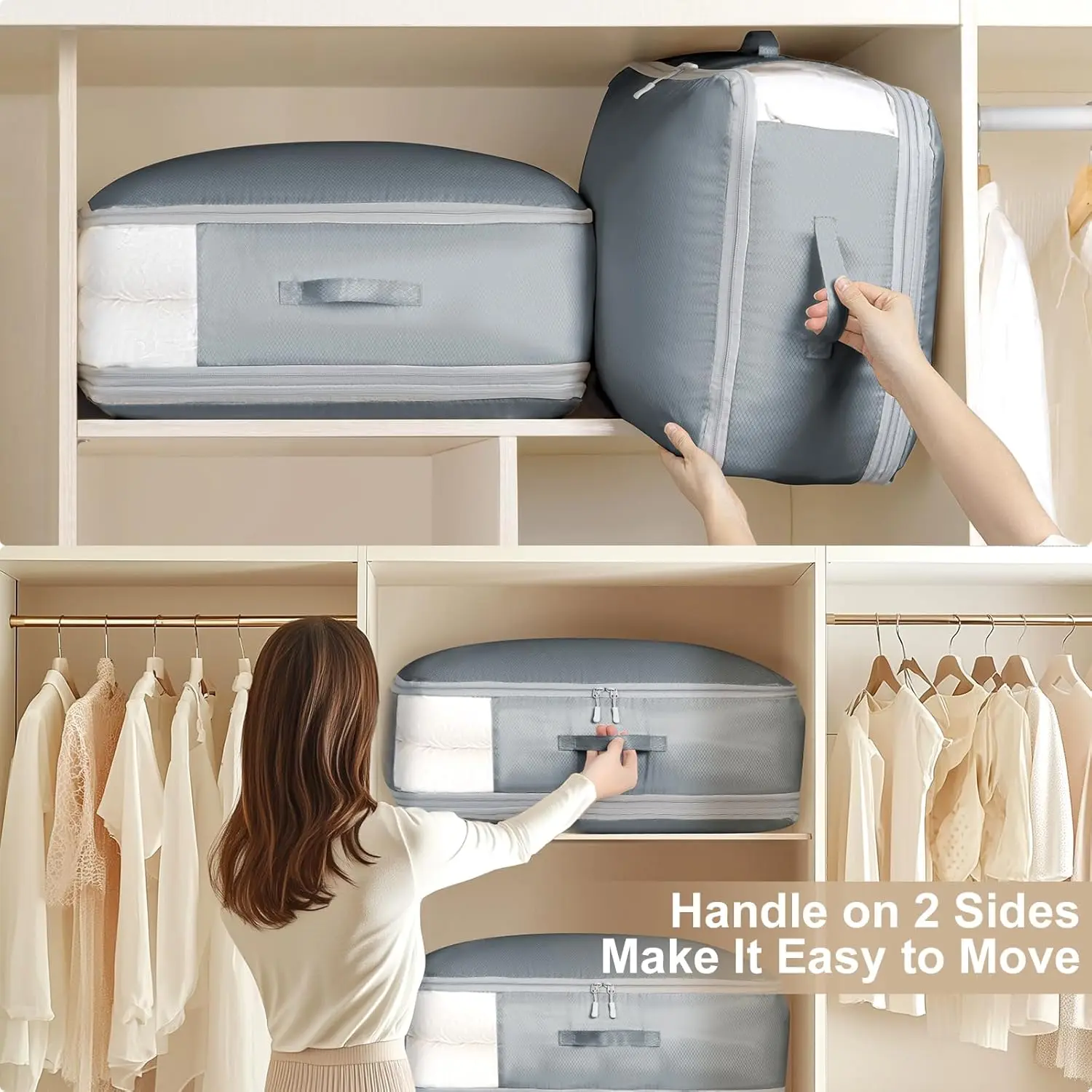 Large Capacity 3-Layer Compression Storage Bags for Blankets, Comforters & Pillows - 4-Pack Grey