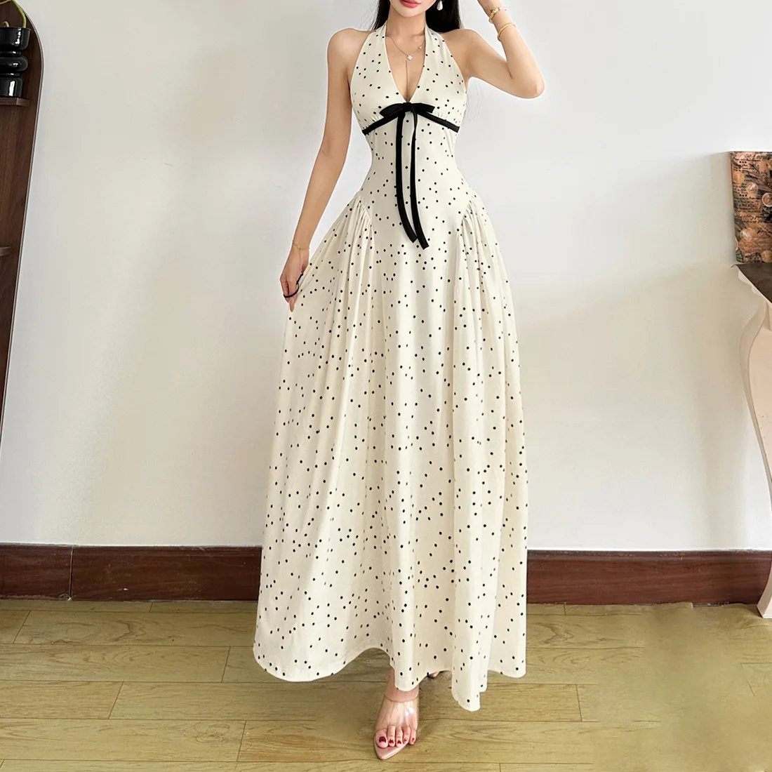 

2026 Spring New Women's Clothing Sexy V-neck Contrasting Bow Printing Slim Long Dress
