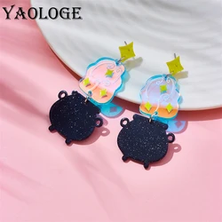 YAOLOGE Acrylic Halloween Witch Boiler Earrings For Women New Trend Girls Laser Wacky Ear Jewelry Party Gifts Accessories Серьги