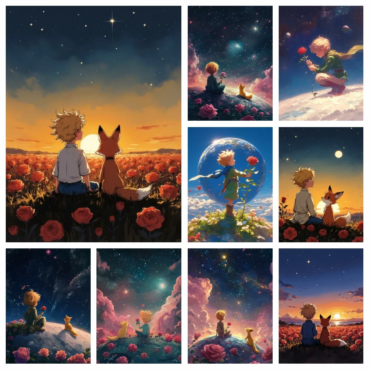 

Full Diamond Painting The Little Prince Rose fox Fantasy Fairyland Sunset Animated Cross Stitch Embroidery Mosaic Home Decor