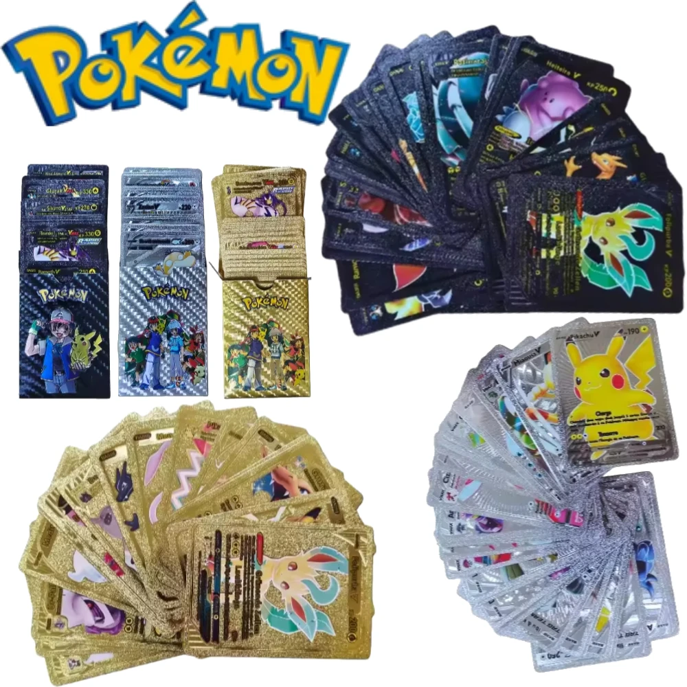 Inglés español francés alemán 55 Uds Pokemon tarjetas de juego de Metal Vmax GX Vstar Anime Pikachu Mew colección de cartas de batalla juguete para regalo